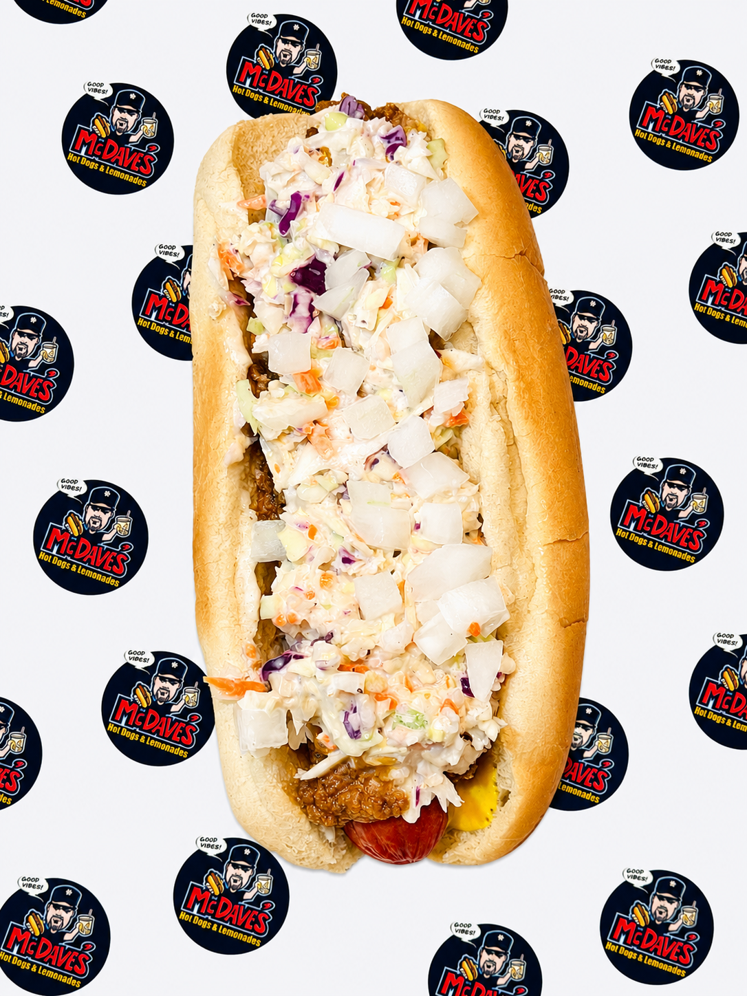 McDave’s slaw dog with homemade coleslaw and onions